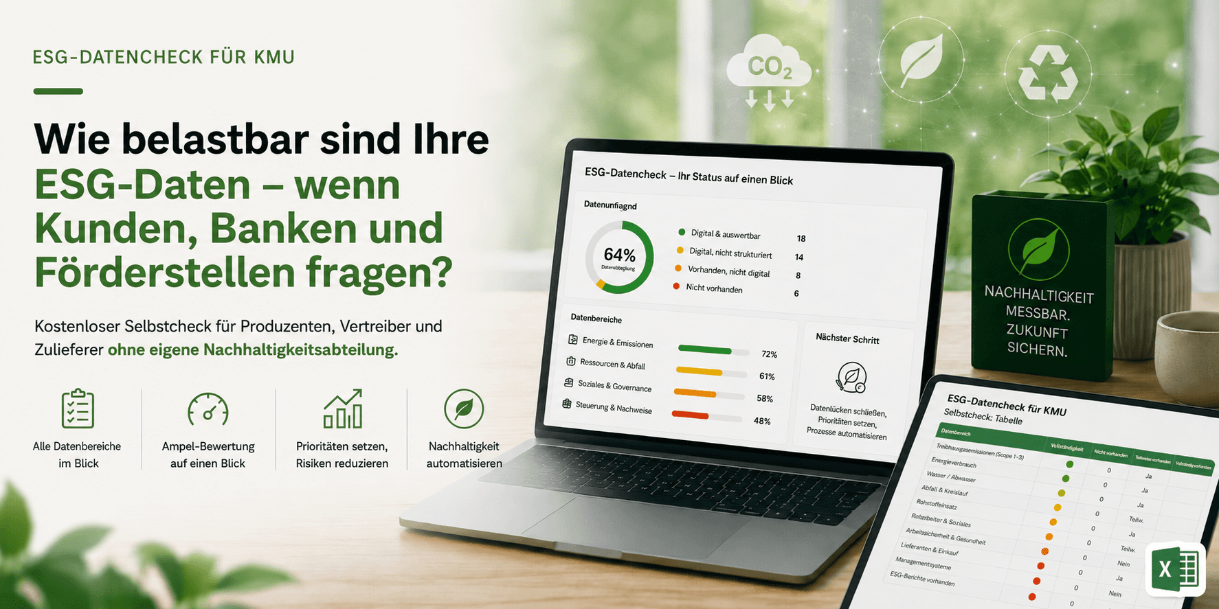 ESG-Datencheck für KMU - Datenreifegrad, Datenbereiche und nächste Schritte auf einen Blick